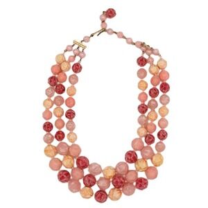 West Germany Lucite Pink Celluloid Carved Graduated Multi strand Necklace Vtg